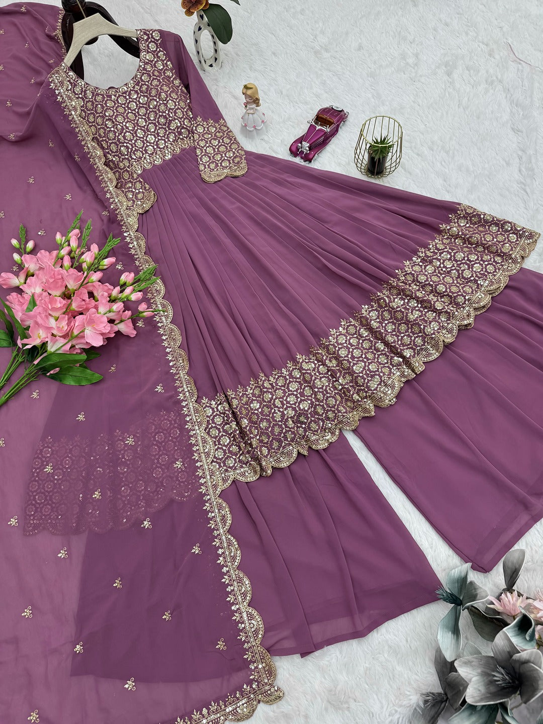 Real Modelling Faux Georgette Embroidered Gown Sharara Set with Dupatta