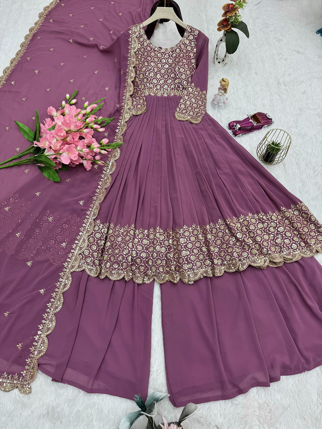 Real Modelling Faux Georgette Embroidered Gown Sharara Set with Dupatta