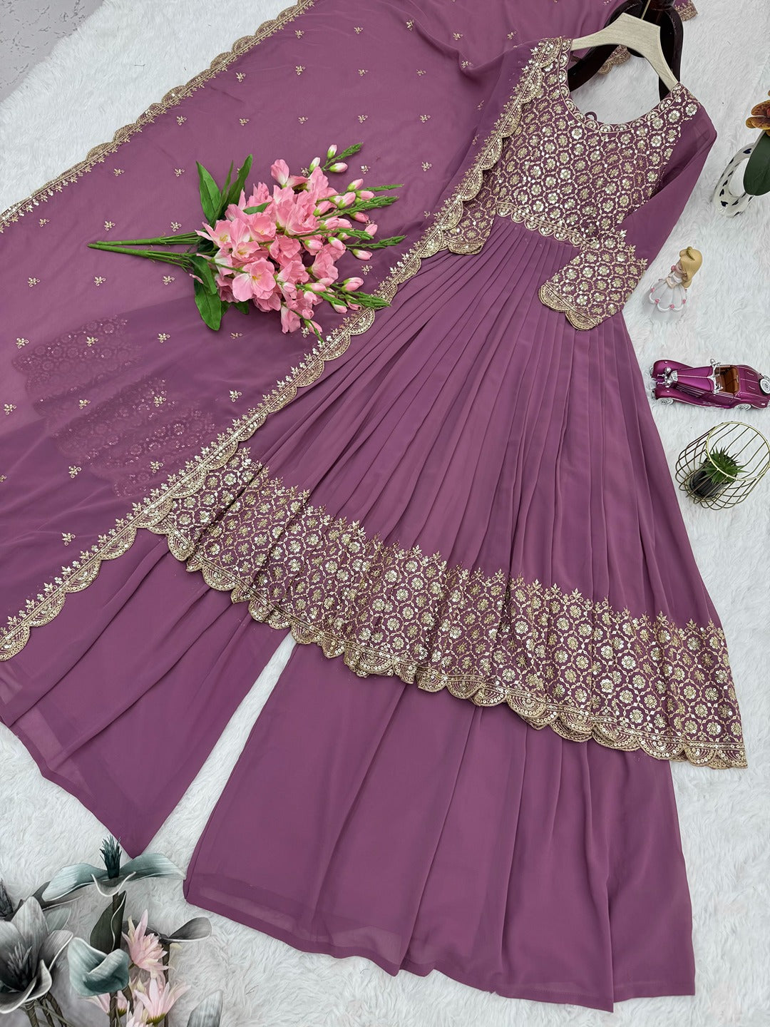 Real Modelling Faux Georgette Embroidered Gown Sharara Set with Dupatta