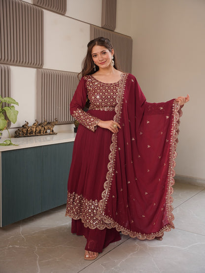 Real Modelling Faux Georgette Embroidered Gown Sharara Set with Dupatta