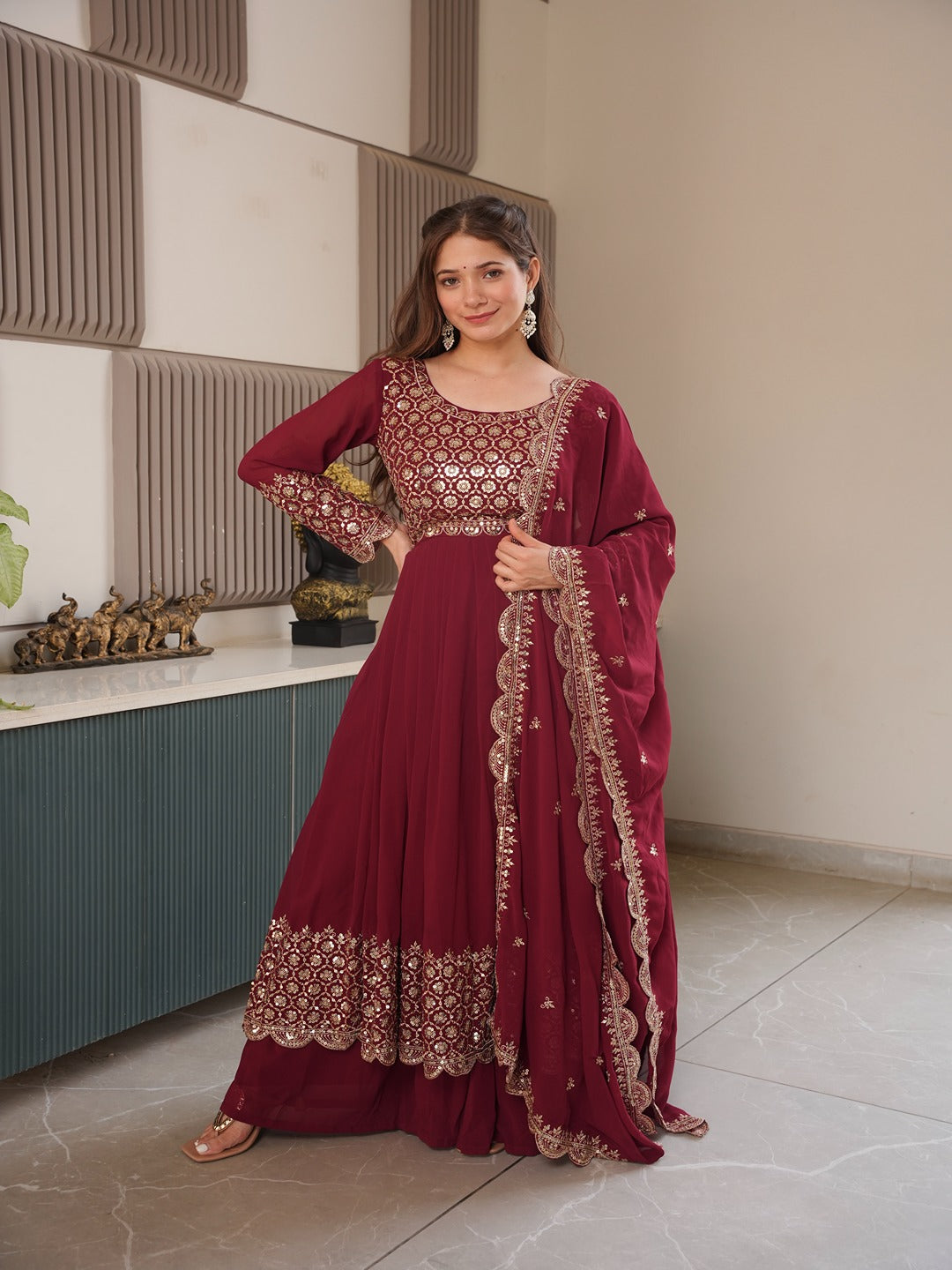 Real Modelling Faux Georgette Embroidered Gown Sharara Set with Dupatta