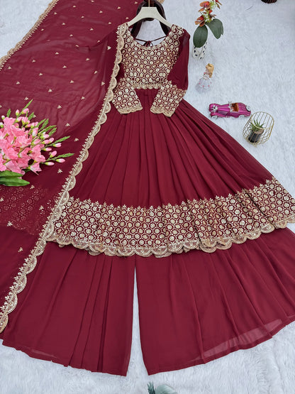 Real Modelling Faux Georgette Embroidered Gown Sharara Set with Dupatta