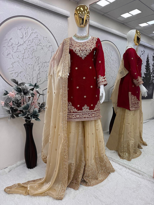 Designer Fandy Satin Embroidered Top Sharara Set with Dupatta