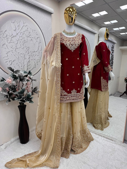 Designer Fandy Satin Embroidered Top Sharara Set with Dupatta