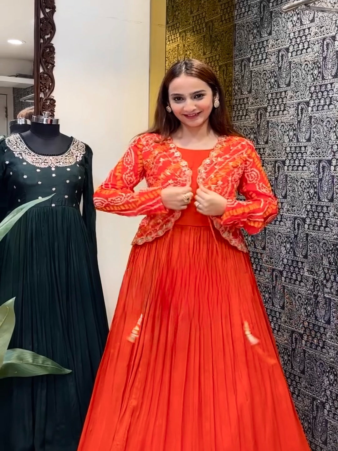 Designer Bandhani Print Koti with Fox Georgette Gown & Dupatta