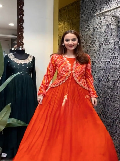 Designer Bandhani Print Koti with Fox Georgette Gown & Dupatta