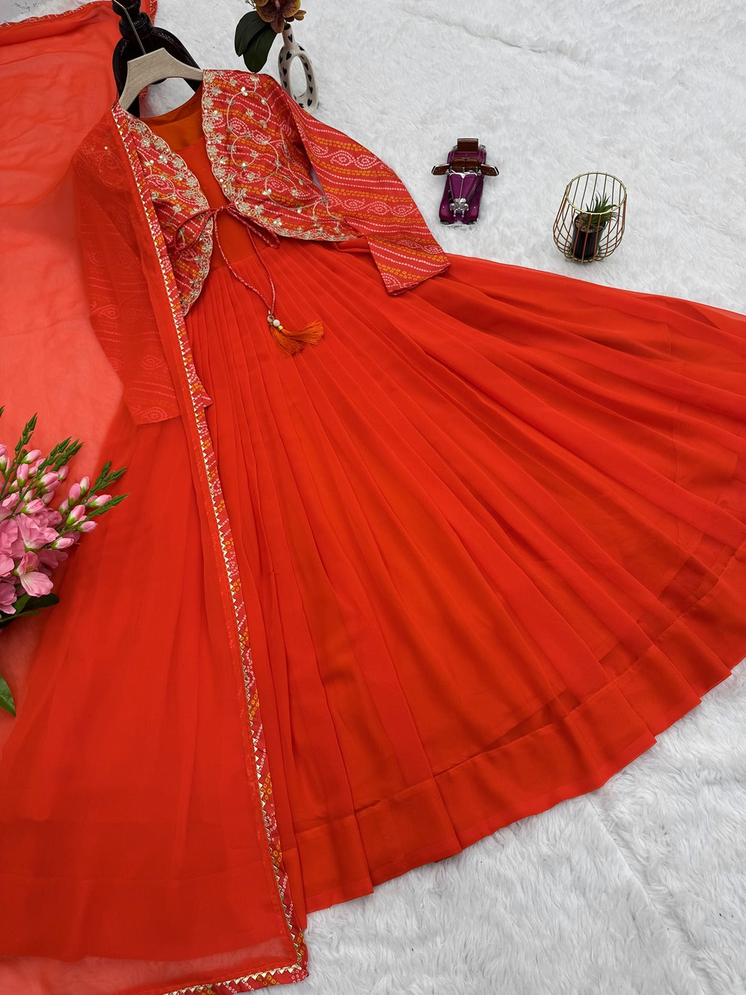 Designer Bandhani Print Koti with Fox Georgette Gown & Dupatta