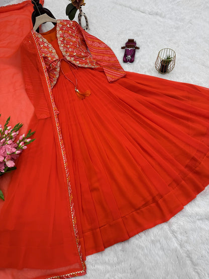 Designer Bandhani Print Koti with Fox Georgette Gown & Dupatta