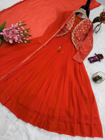 Designer Bandhani Print Koti with Fox Georgette Gown & Dupatta