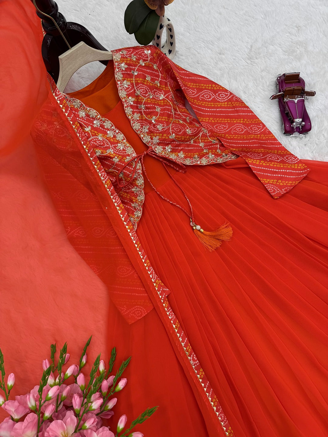 Designer Bandhani Print Koti with Fox Georgette Gown & Dupatta