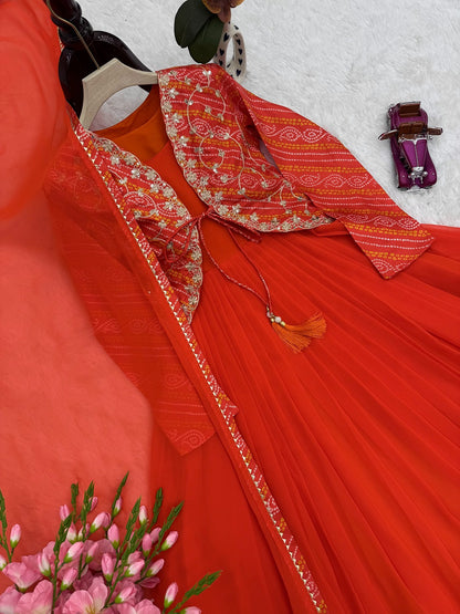 Designer Bandhani Print Koti with Fox Georgette Gown & Dupatta