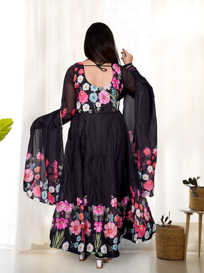 Black & Cream Organza Silk Floral Anarkali Suit with Handwork Dupatta & Ready Pant