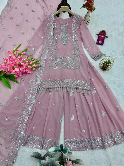 Designer Fox Georgette Pearl Work Top Palazzo Set with Dupatta