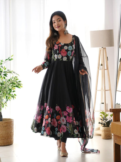 Black & Cream Organza Silk Floral Anarkali Suit with Handwork Dupatta & Ready Pant