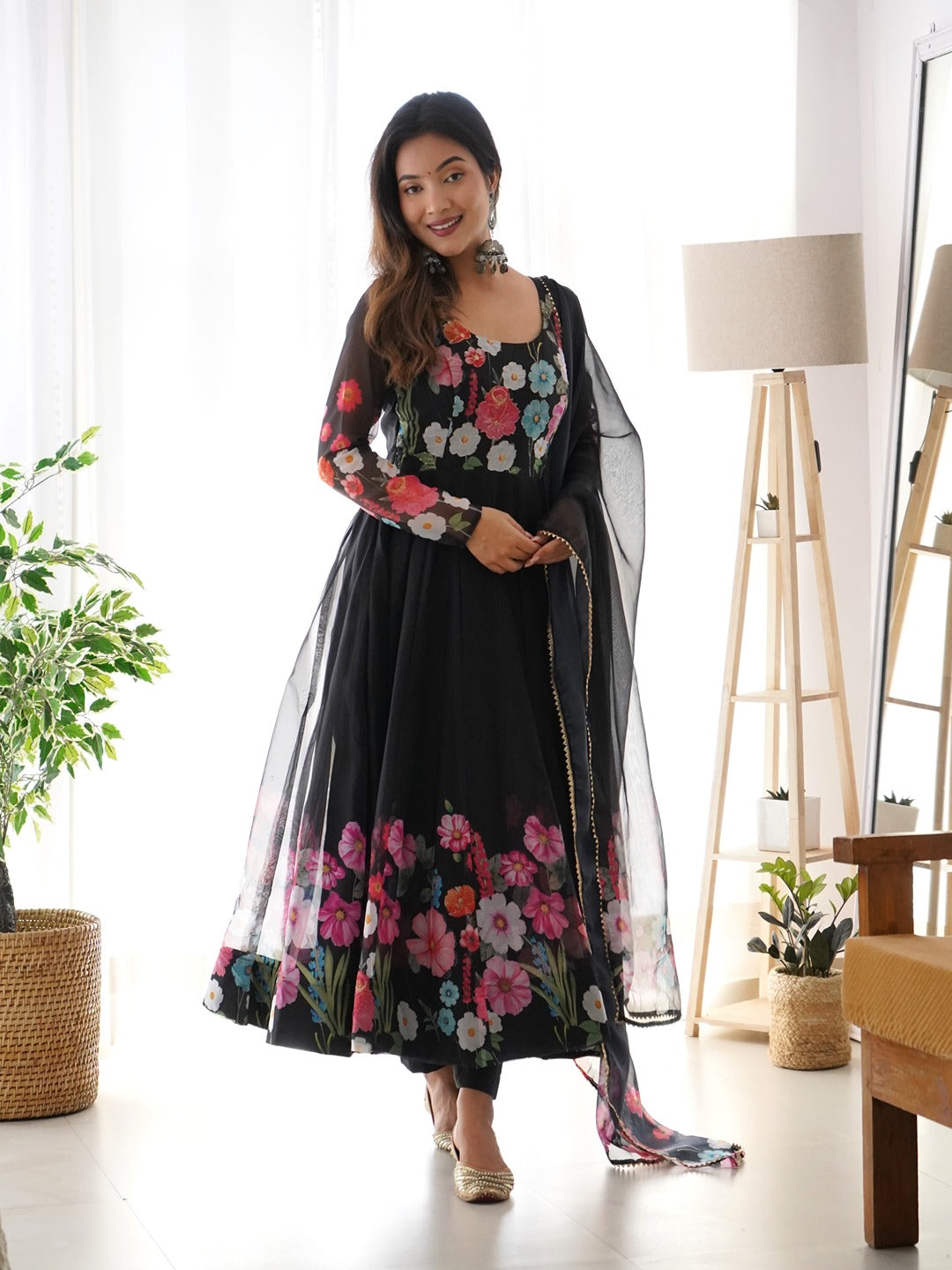 Black & Cream Organza Silk Floral Anarkali Suit with Handwork Dupatta & Ready Pant