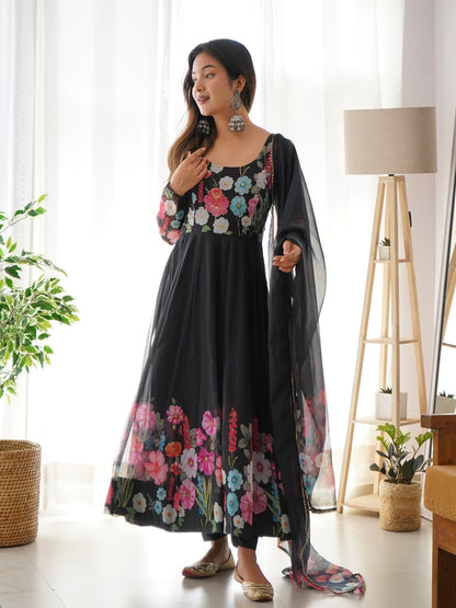 Black & Cream Organza Silk Floral Anarkali Suit with Handwork Dupatta & Ready Pant