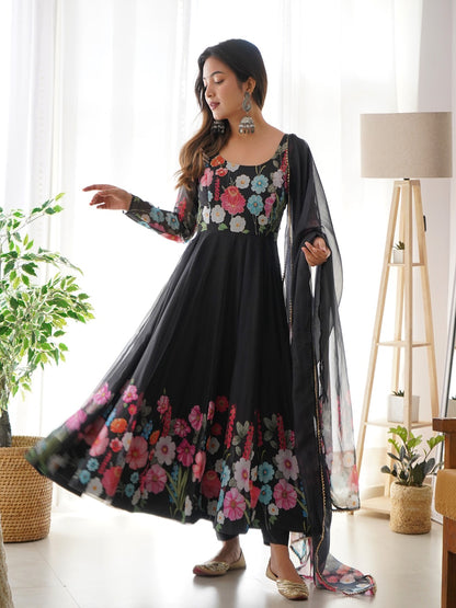Black & Cream Organza Silk Floral Anarkali Suit with Handwork Dupatta & Ready Pant