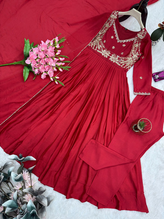 Designer Chinon Silk Real Mirror Work Gown with Pant & Dupatta