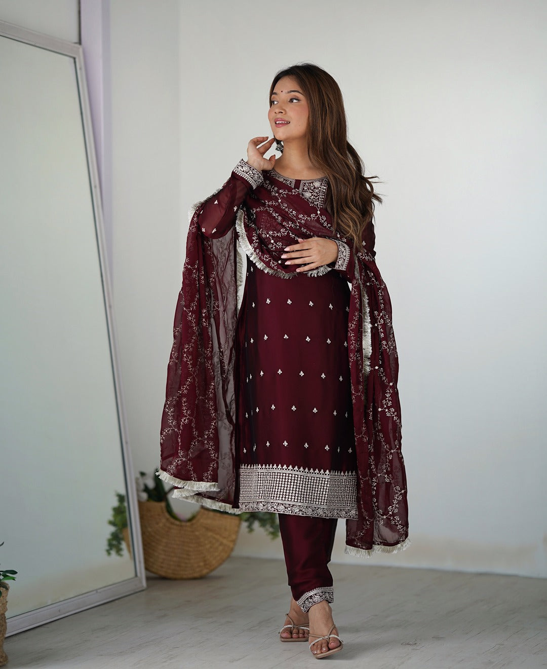 Wine Blooming Rangoli Silk Straight Kurta Set with Embroidered Dupatta & Trousers
