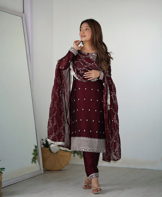 Wine Blooming Rangoli Silk Straight Kurta Set with Embroidered Dupatta & Trousers