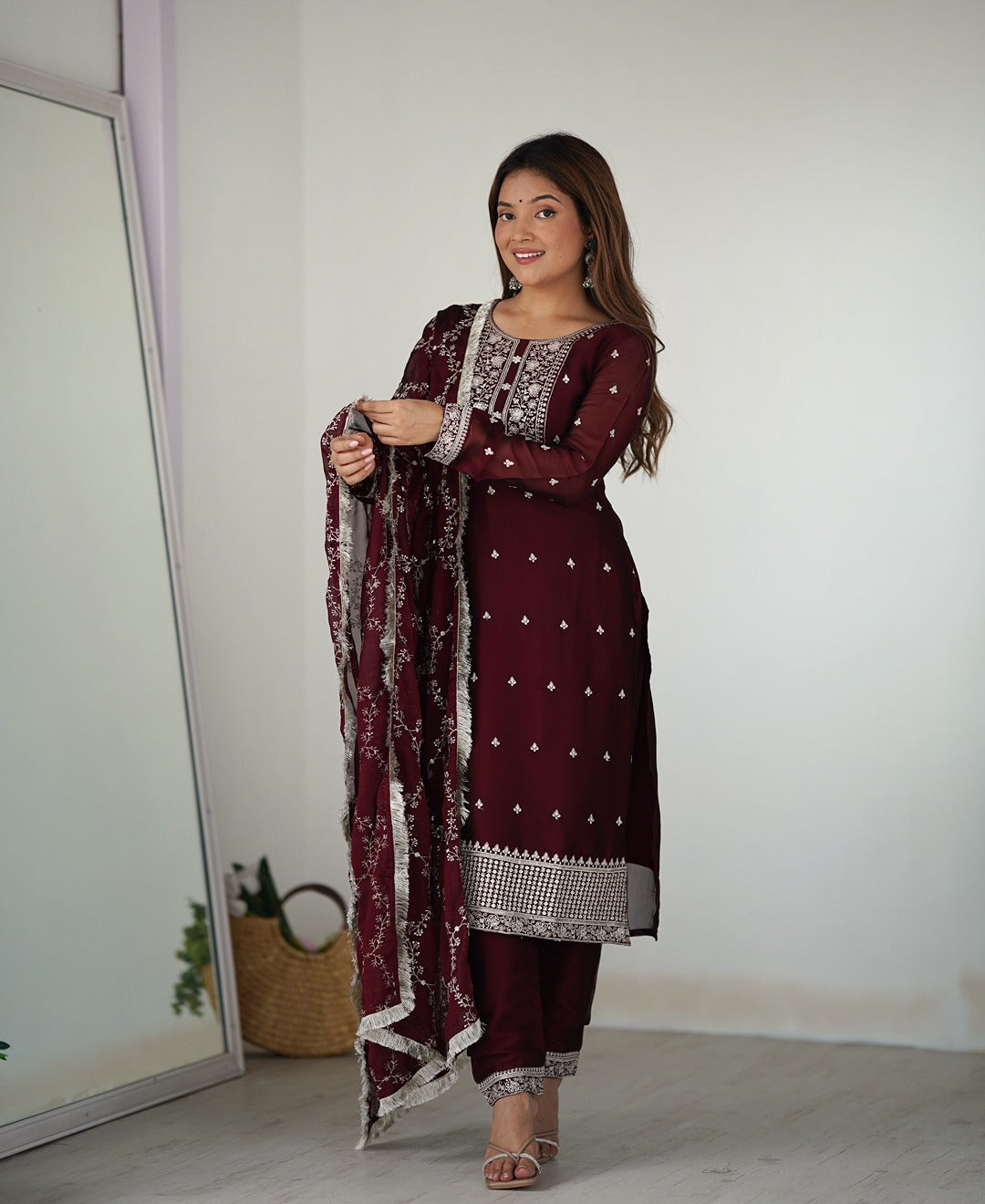 Wine Blooming Rangoli Silk Straight Kurta Set with Embroidered Dupatta & Trousers