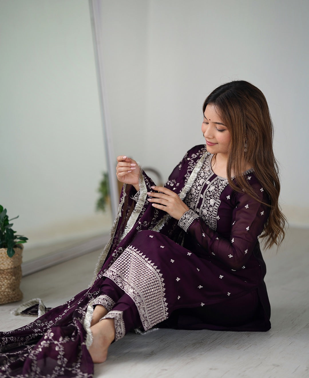 Wine Blooming Rangoli Silk Straight Kurta Set with Embroidered Dupatta & Trousers