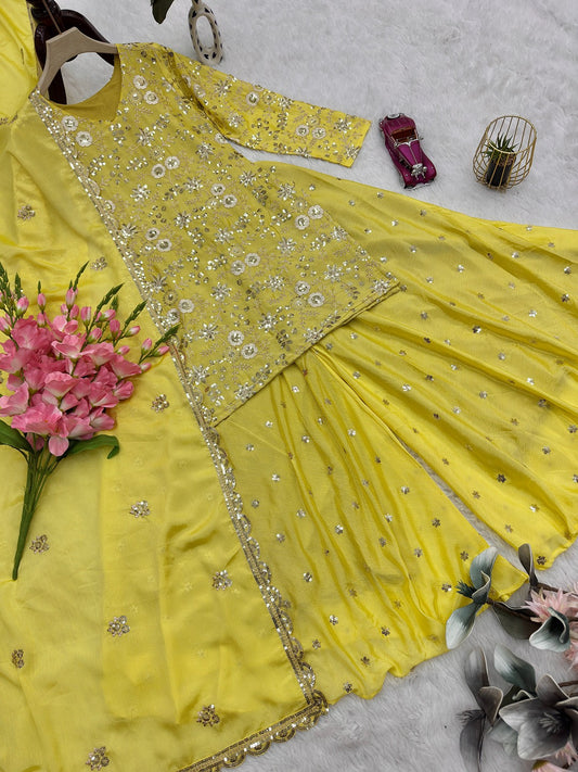 Designer Chinon Silk Embroidered Top Palazzo Set with Dupatta