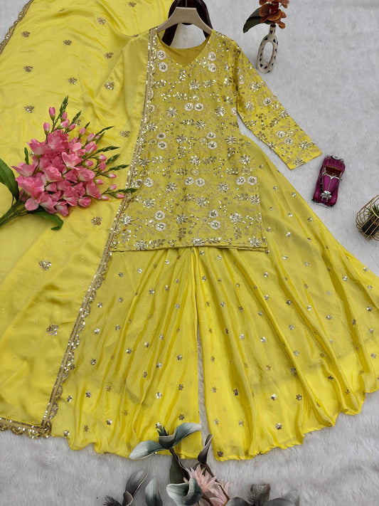 Designer Chinon Silk Embroidered Top Palazzo Set with Dupatta