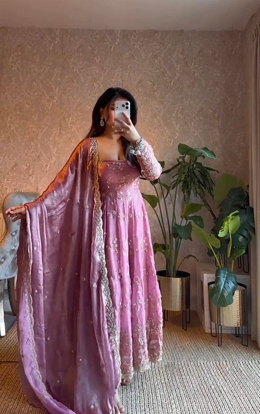 Designer Fandy Silk Embroidered Gown with Pant & Dupatta
