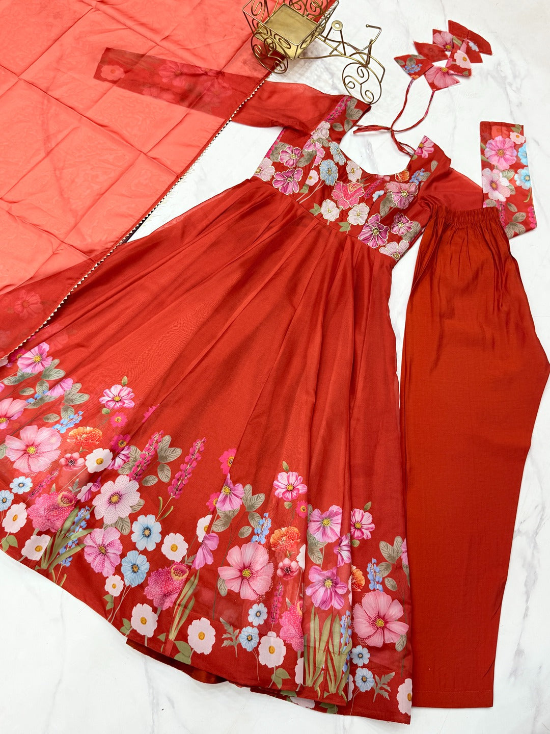 Black & Cream Organza Silk Floral Anarkali Suit with Handwork Dupatta & Ready Pant