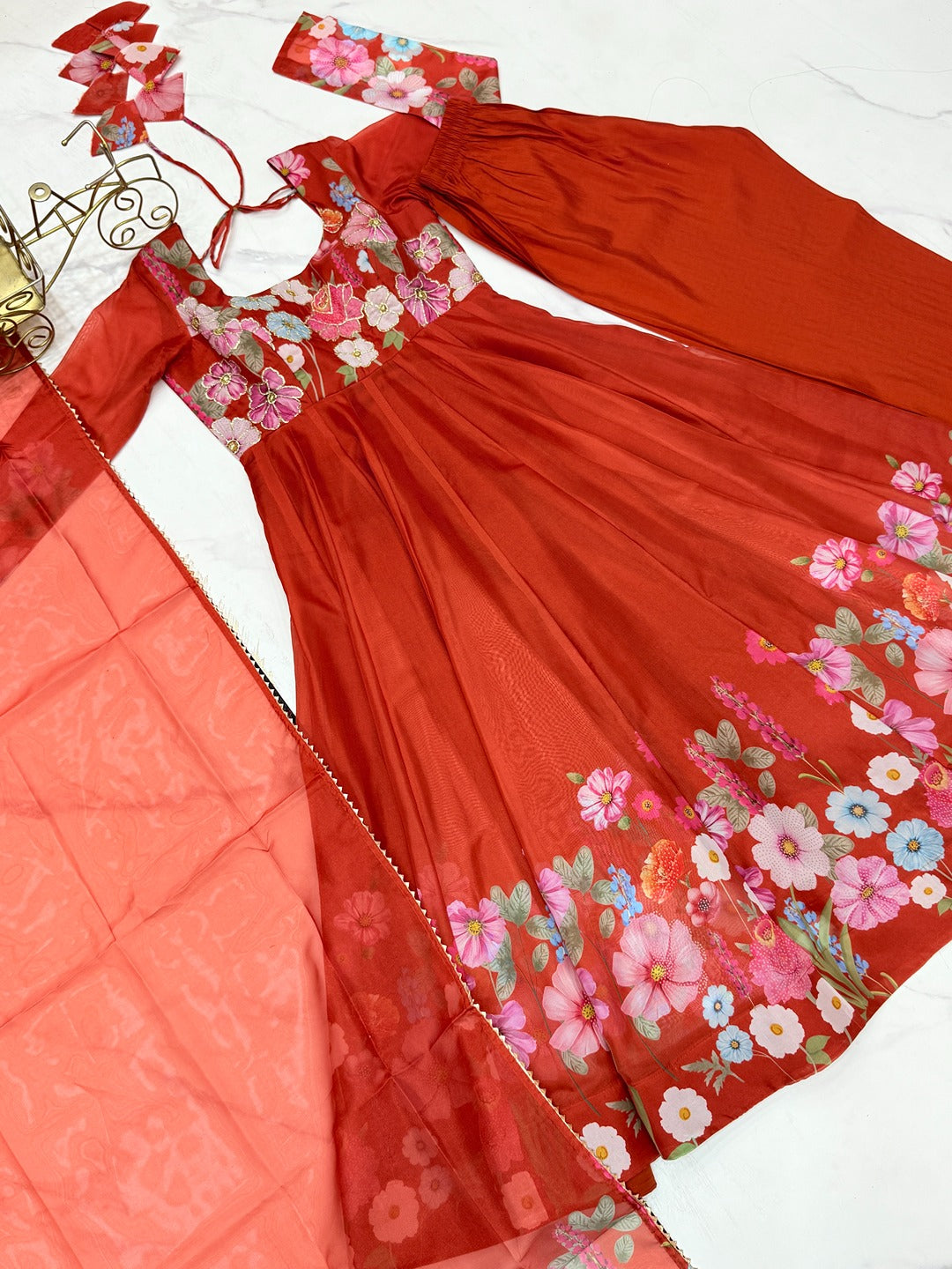 Black & Cream Organza Silk Floral Anarkali Suit with Handwork Dupatta & Ready Pant