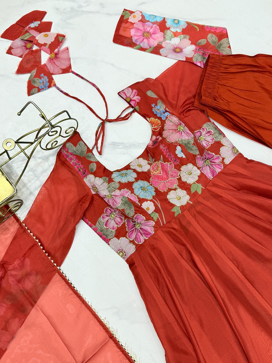 Black & Cream Organza Silk Floral Anarkali Suit with Handwork Dupatta & Ready Pant