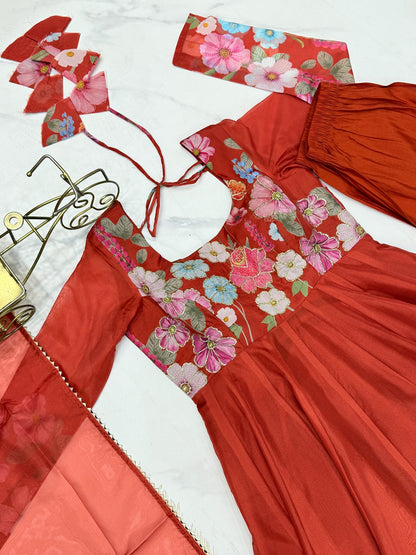 Black & Cream Organza Silk Floral Anarkali Suit with Handwork Dupatta & Ready Pant