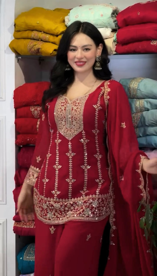 Designer Faux Georgette Embroidered Top Palazzo Set with Dupatta