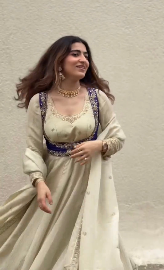 Designer Chinon Silk Embroidered Gown with Koti, Pant & Dupatta