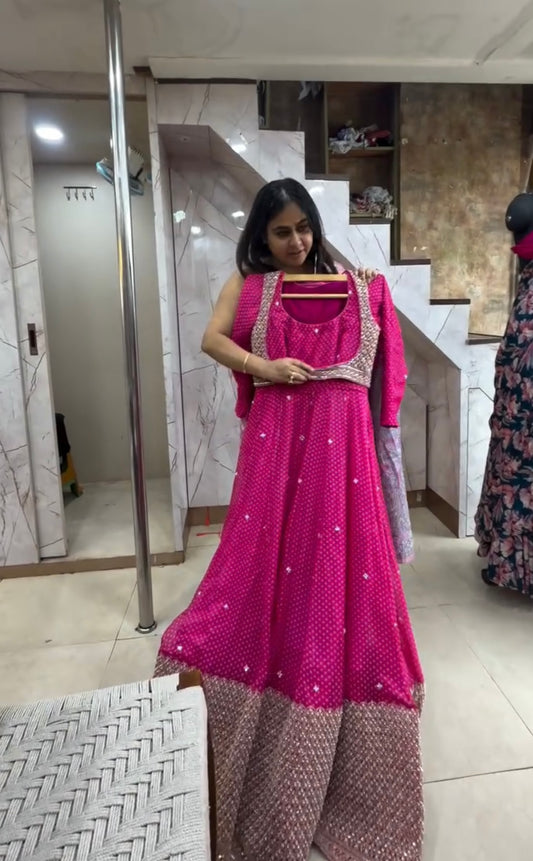 Designer Digital Printed Faux Georgette Gown with Embroidered Koti & Dupatta