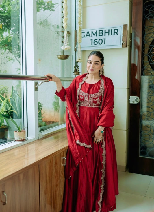 Designer Chinon Silk Gown with Embroidered Koti & Dupatta