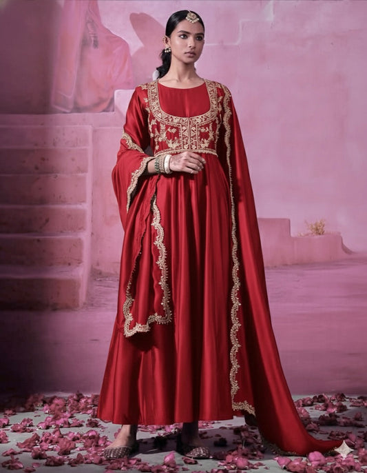 Designer Chinon Silk Gown with Embroidered Koti & Dupatta