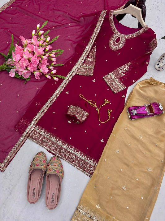 Designer Faux Georgette Embroidered Top Palazzo Set with Dupatta & Free Handbag