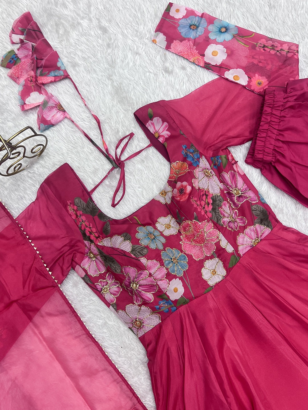 Black & Cream Organza Silk Floral Anarkali Suit with Handwork Dupatta & Ready Pant