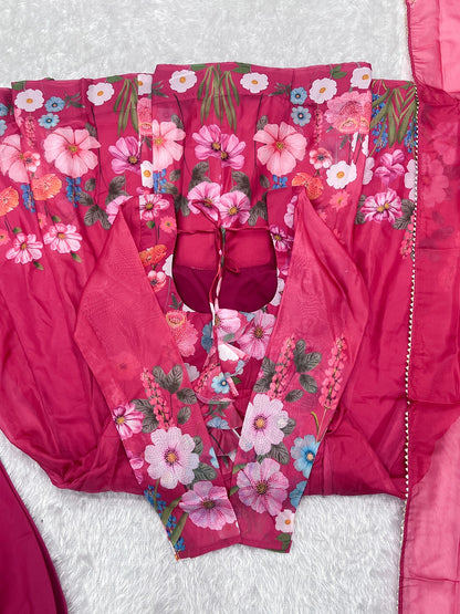 Black & Cream Organza Silk Floral Anarkali Suit with Handwork Dupatta & Ready Pant