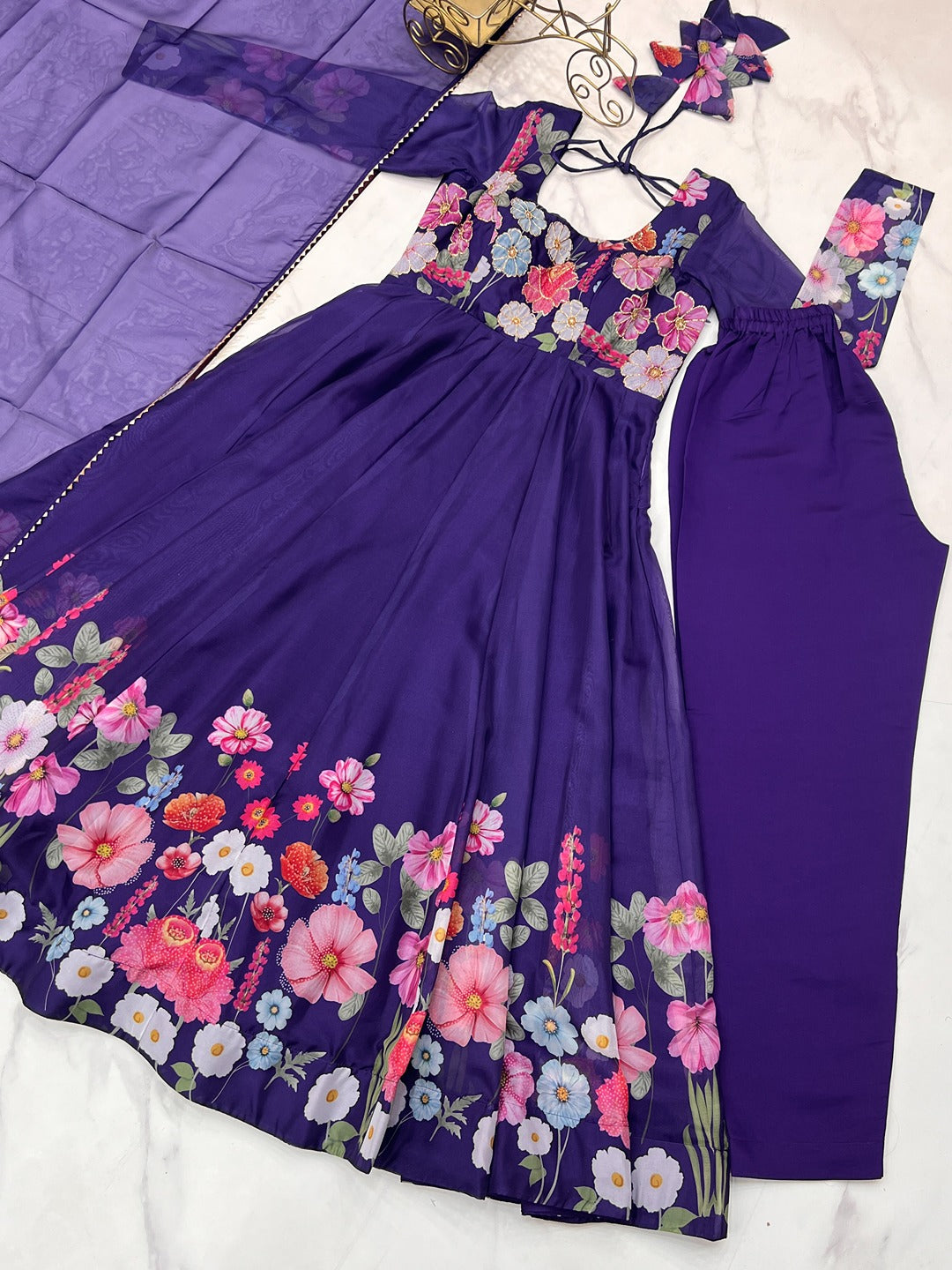 Black & Cream Organza Silk Floral Anarkali Suit with Handwork Dupatta & Ready Pant