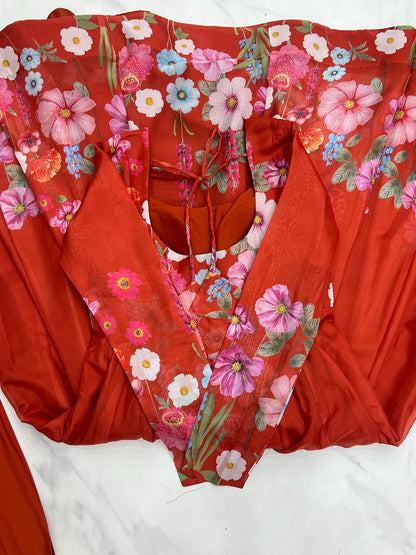 Black & Cream Organza Silk Floral Anarkali Suit with Handwork Dupatta & Ready Pant