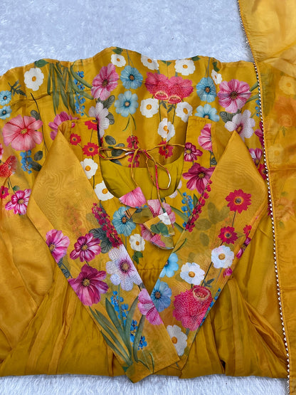 Black & Cream Organza Silk Floral Anarkali Suit with Handwork Dupatta & Ready Pant