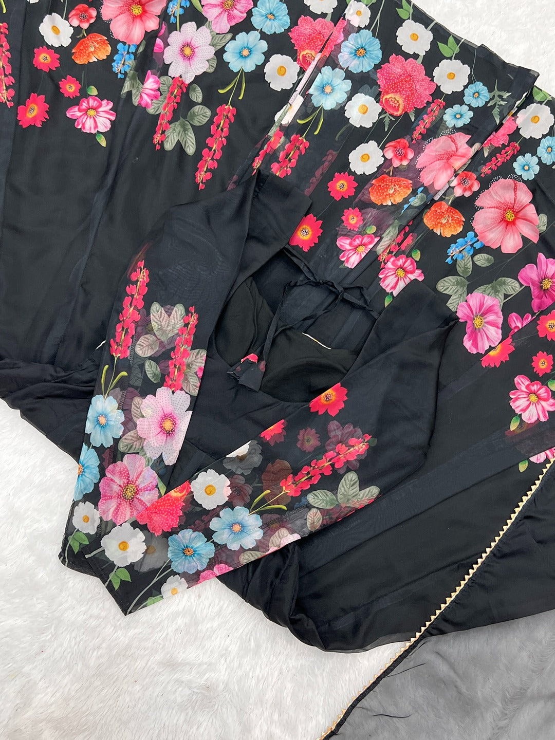 Black & Cream Organza Silk Floral Anarkali Suit with Handwork Dupatta & Ready Pant