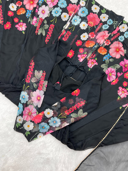 Black & Cream Organza Silk Floral Anarkali Suit with Handwork Dupatta & Ready Pant