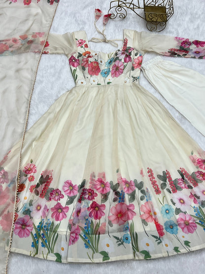 Black & Cream Organza Silk Floral Anarkali Suit with Handwork Dupatta & Ready Pant