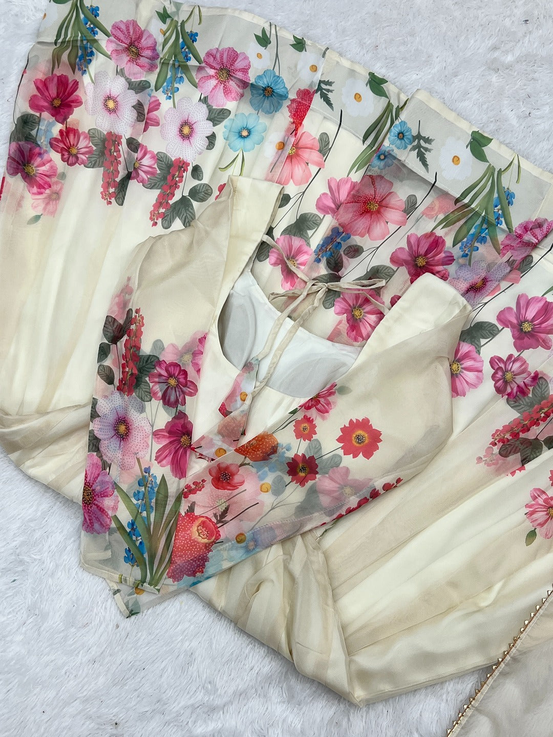 Black & Cream Organza Silk Floral Anarkali Suit with Handwork Dupatta & Ready Pant