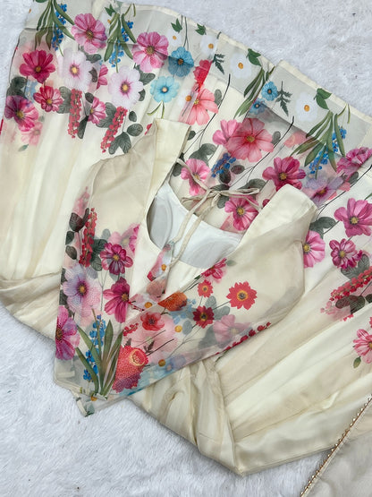 Black & Cream Organza Silk Floral Anarkali Suit with Handwork Dupatta & Ready Pant