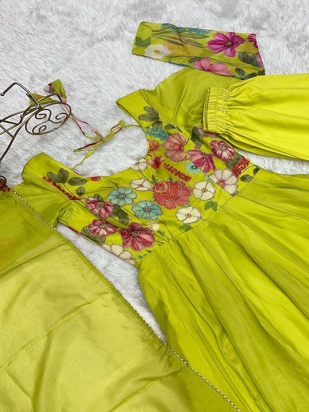 Black & Cream Organza Silk Floral Anarkali Suit with Handwork Dupatta & Ready Pant